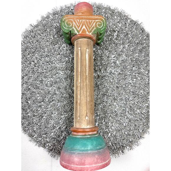 Vintage Southwestern Pink Green Hand Painted Aztec Pillar Candlestick Holder - Picture 1 of 9